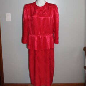 Heury-Lee Vintage Leaf Print Accordion Tier Red Dress ILGWU Made